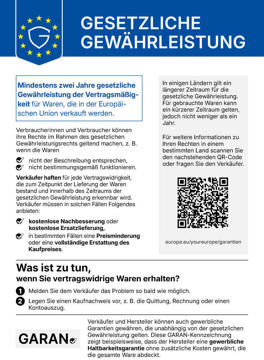 Harmonisierte EU-Mitteilung zum gesetzlichen Gewährleistungsrecht: Für Waren gilt eine gesetzliche Gewährleistung von mindestens zwei Jahren.