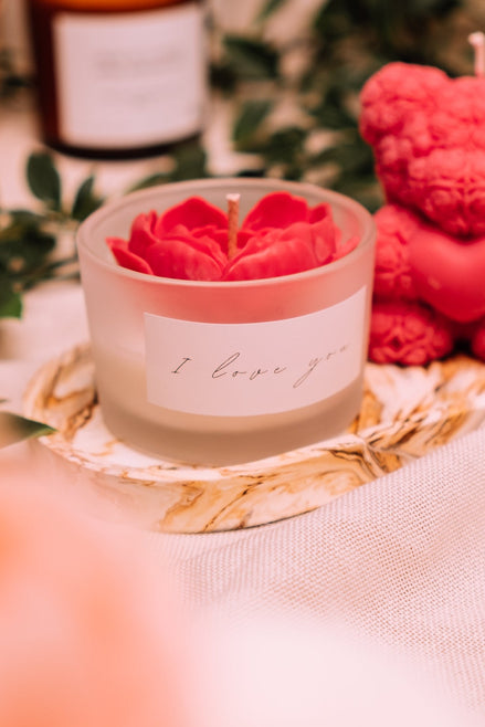 herzton Liebes-Botschaft Glas von vorn, Etikett mit I love you, vegane Sojawachskerze